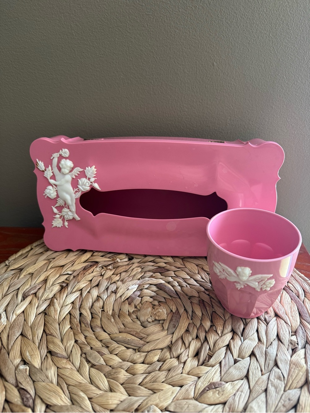 Vintage Trelawney Plastic Tissue Box & Cup or Tooth Brush Holder
